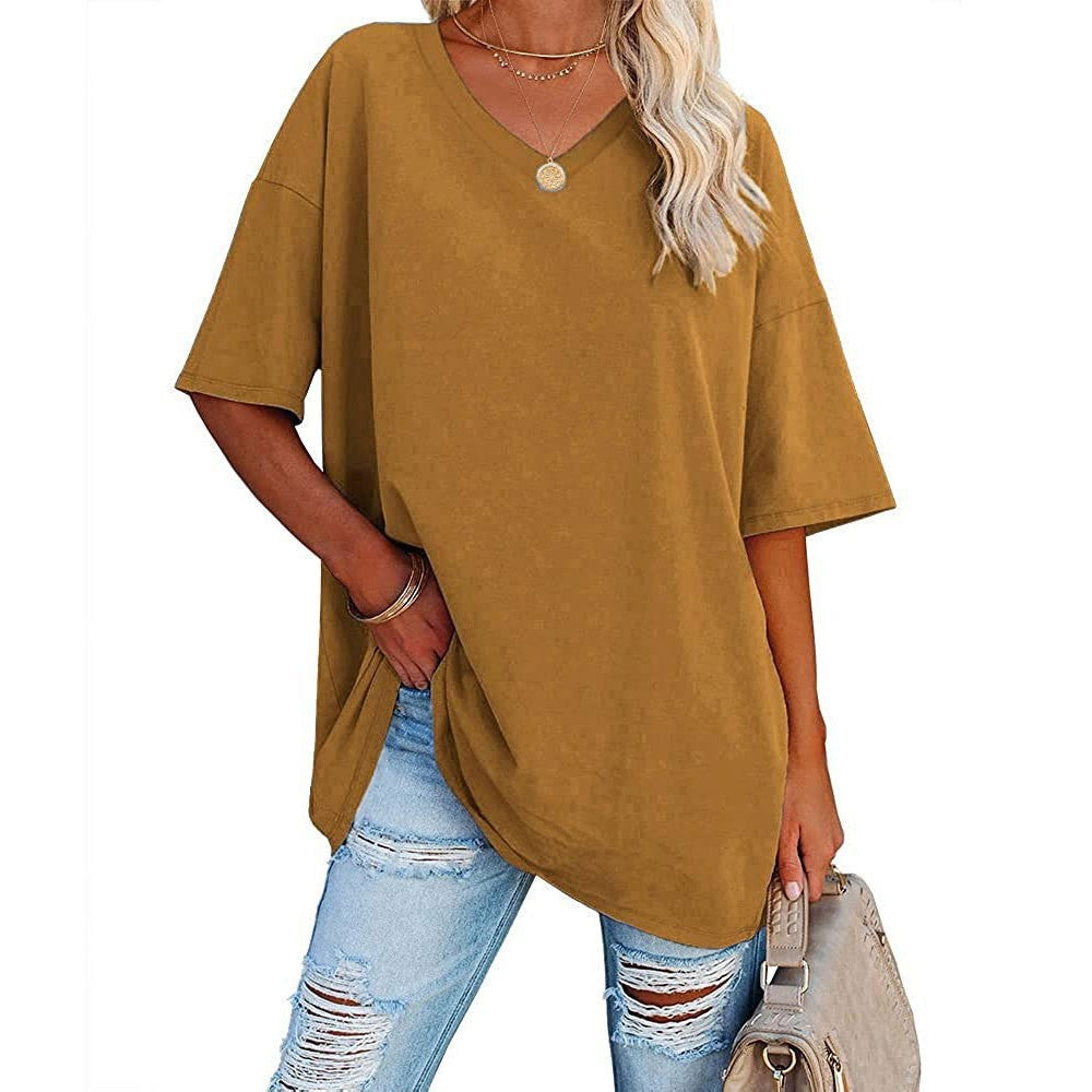 💥 Camiseta Casual de Cuello en V para Mujer – Suave, Transpirable y con Dobladillo Fluido ✨