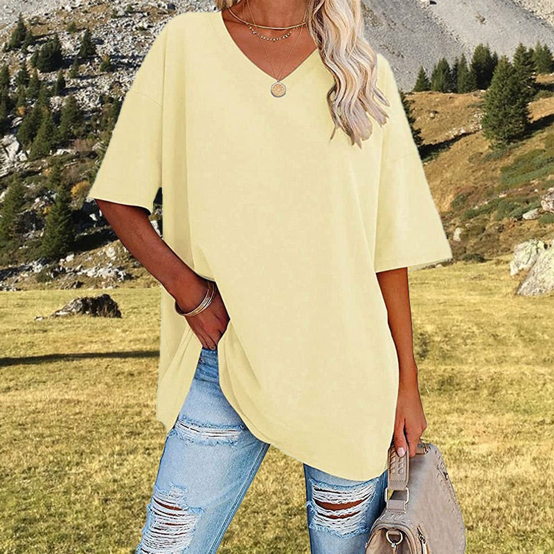 💥 Camiseta Casual de Cuello en V para Mujer – Suave, Transpirable y con Dobladillo Fluido ✨