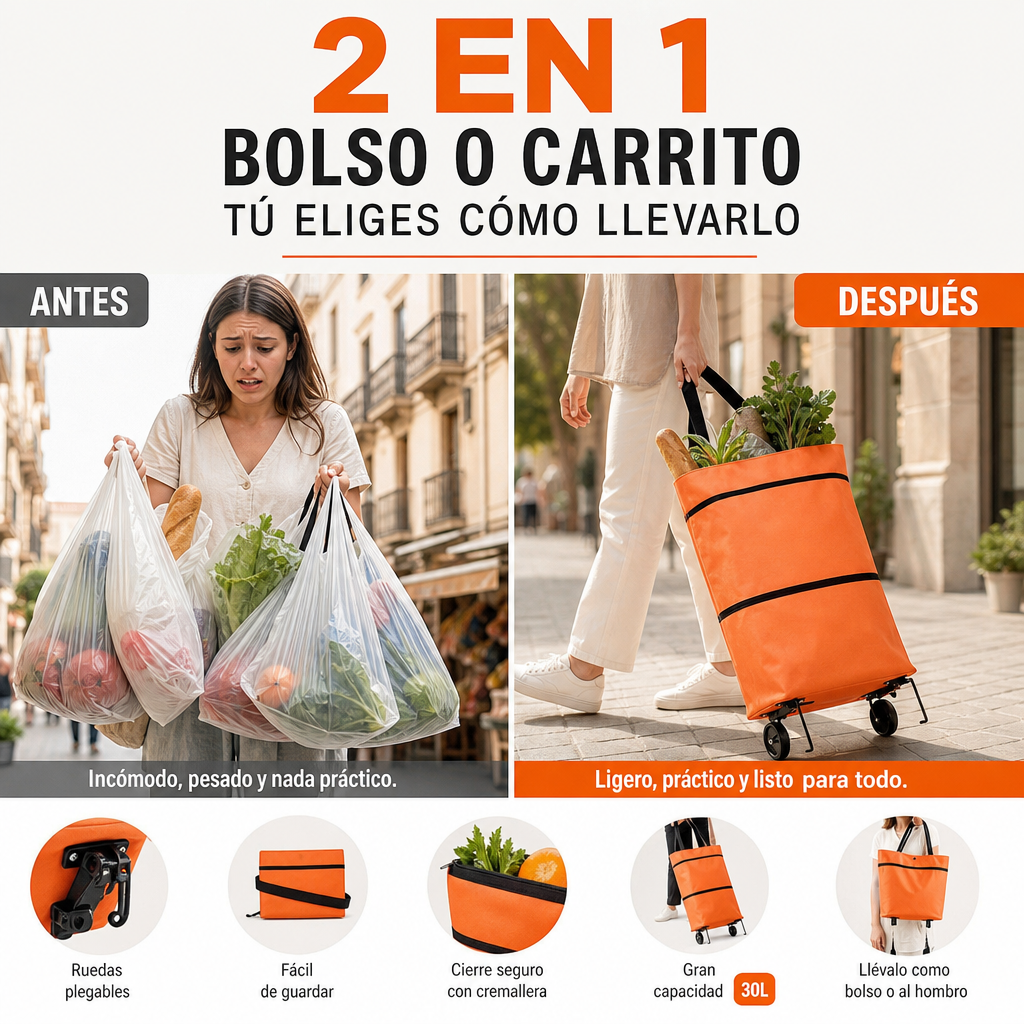 Carro de la compra plegable 2 en 1 – Práctico, ligero y resistente