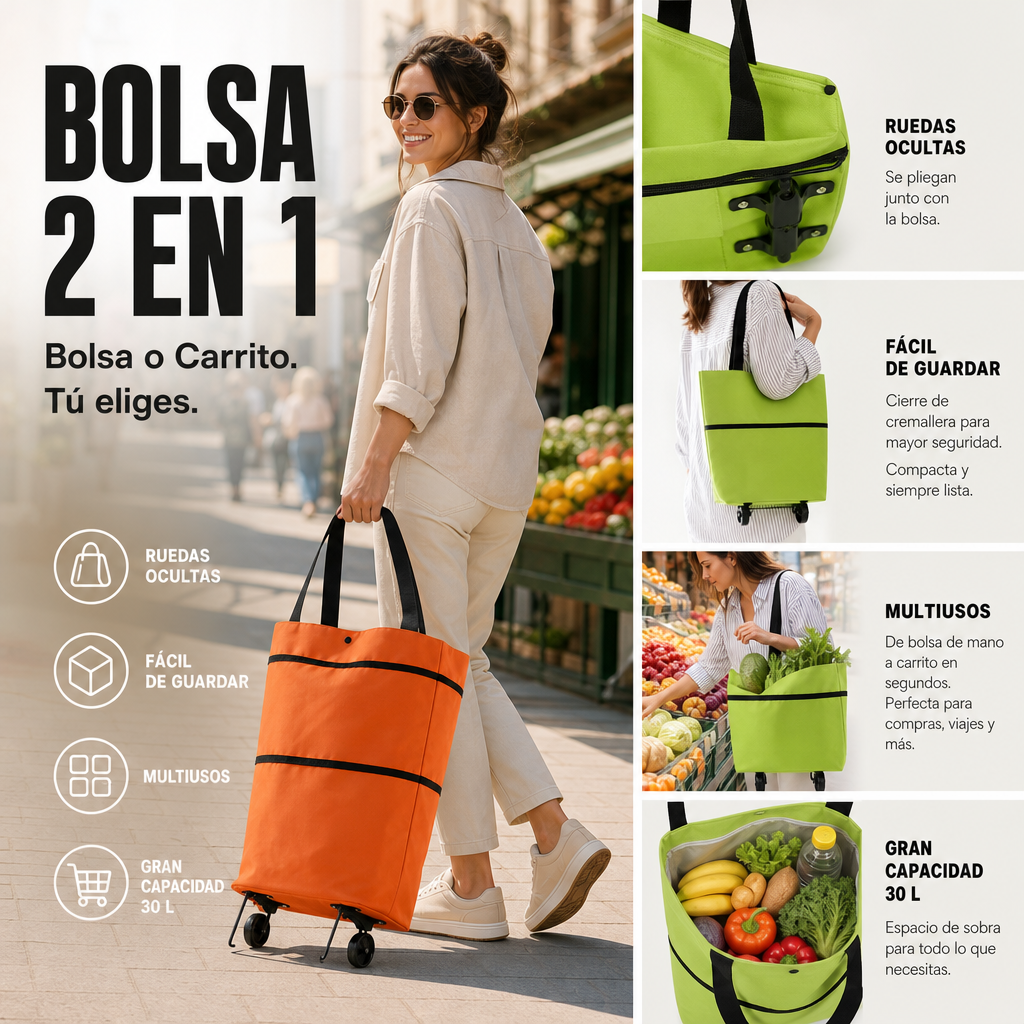 Carro de la compra plegable 2 en 1 – Práctico, ligero y resistente