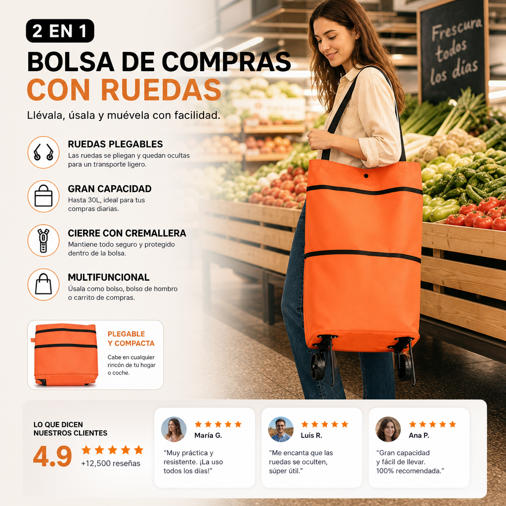 Carro de la compra plegable 2 en 1 – Práctico, ligero y resistente