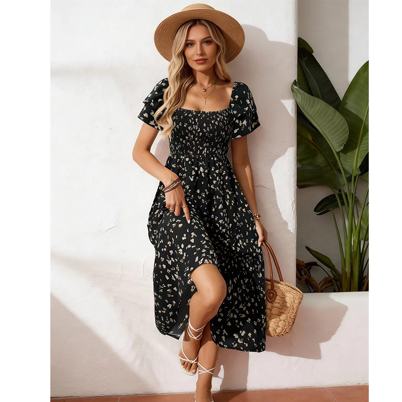Women's Square Neck Smocked Floral Midi Dress