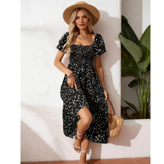 Women's Square Neck Smocked Floral Midi Dress