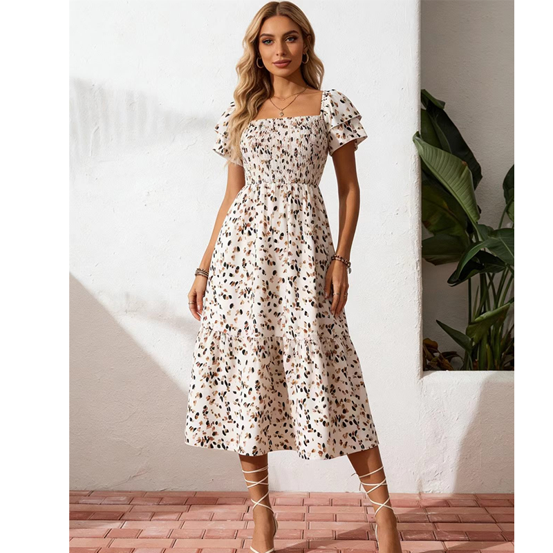 Women's Square Neck Smocked Floral Midi Dress