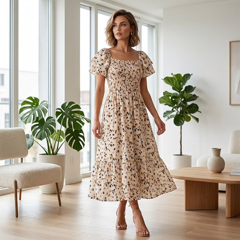 Women's Square Neck Smocked Floral Midi Dress