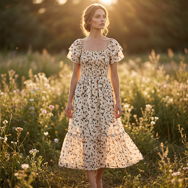 Women's Square Neck Smocked Floral Midi Dress