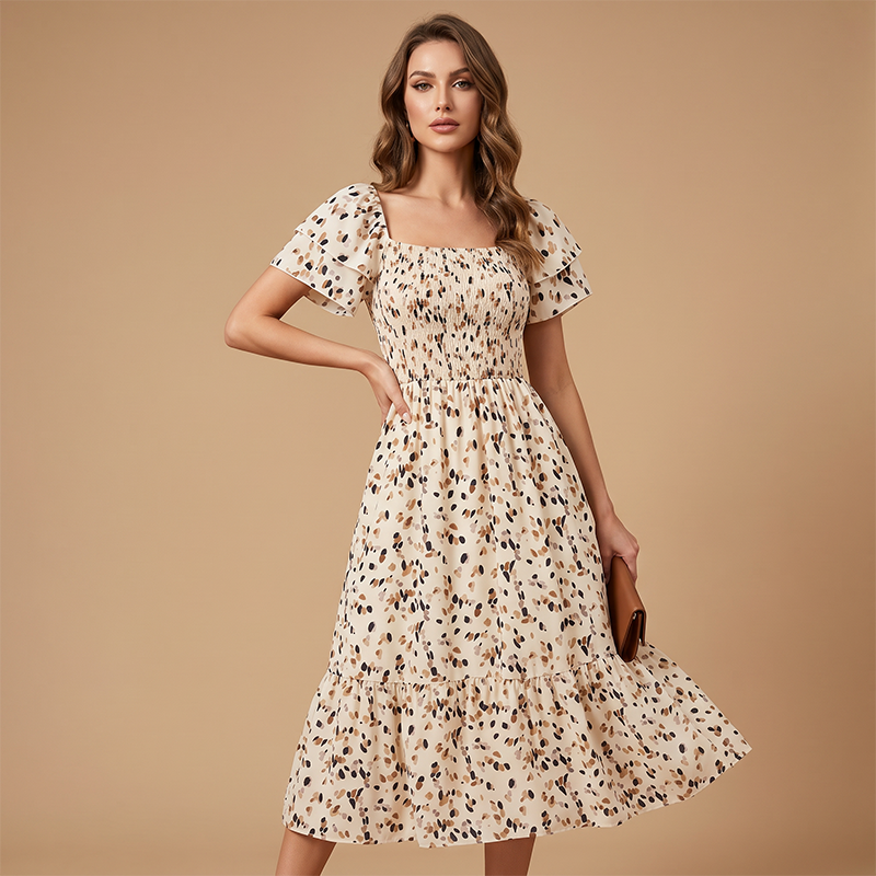Women's Square Neck Smocked Floral Midi Dress