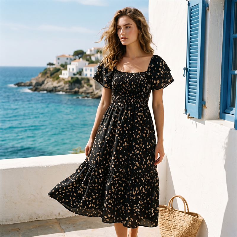 Women's Square Neck Smocked Floral Midi Dress