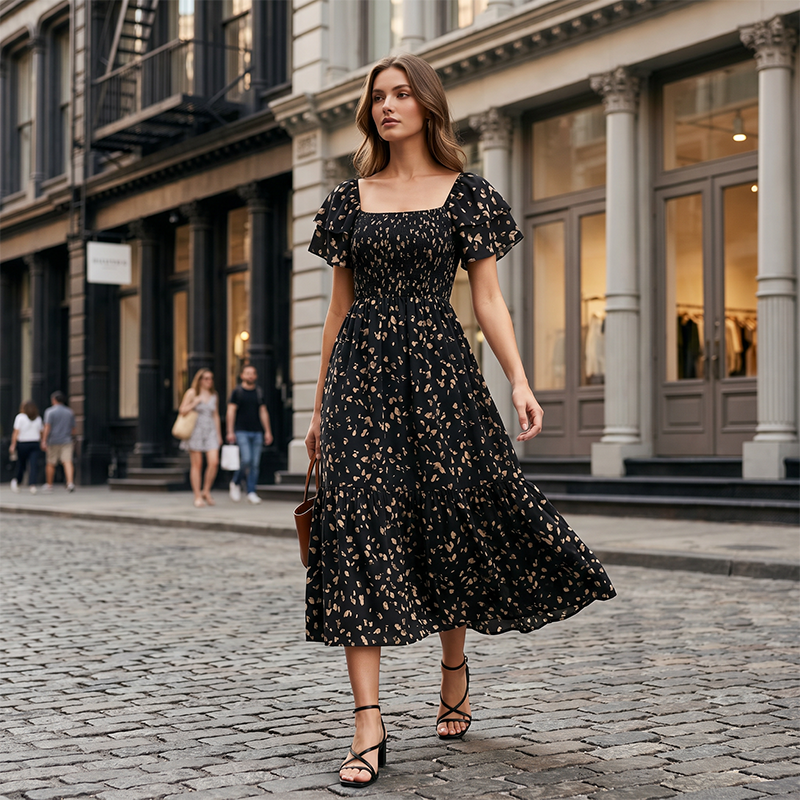 Women's Square Neck Smocked Floral Midi Dress