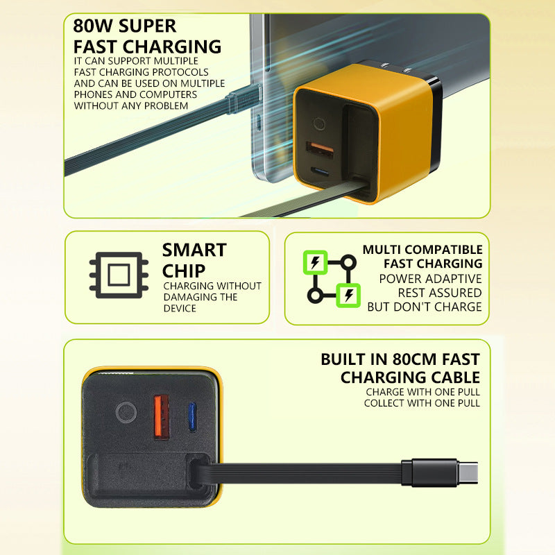 65/80W Fast Charging Phone Charger Block with Retractable 80cm Type-C Cable
