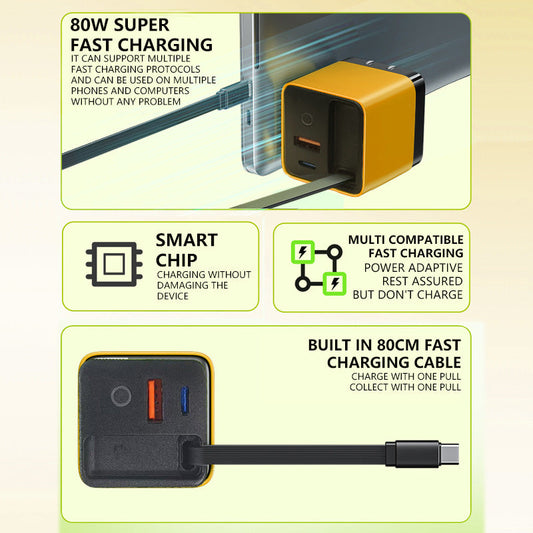 65/80W Fast Charging Phone Charger Block with Retractable 80cm Type-C Cable