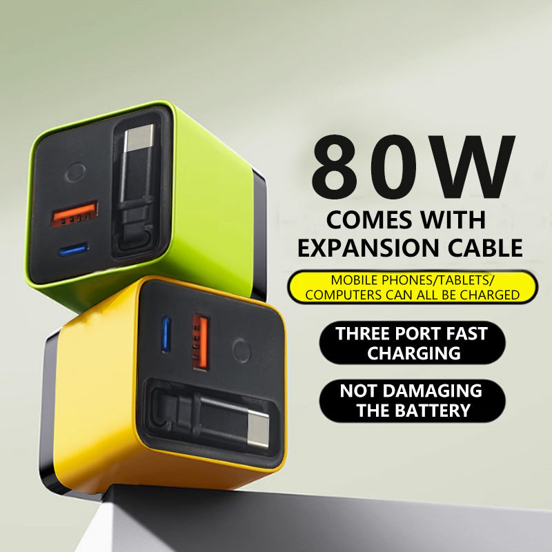 65/80W Fast Charging Phone Charger Block with Retractable 80cm Type-C Cable
