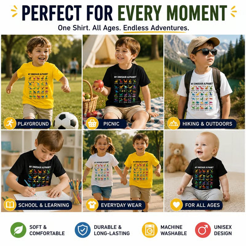 👕🦕 Camiseta Infantil con Estampado de Dinosaurios y Alfabeto
