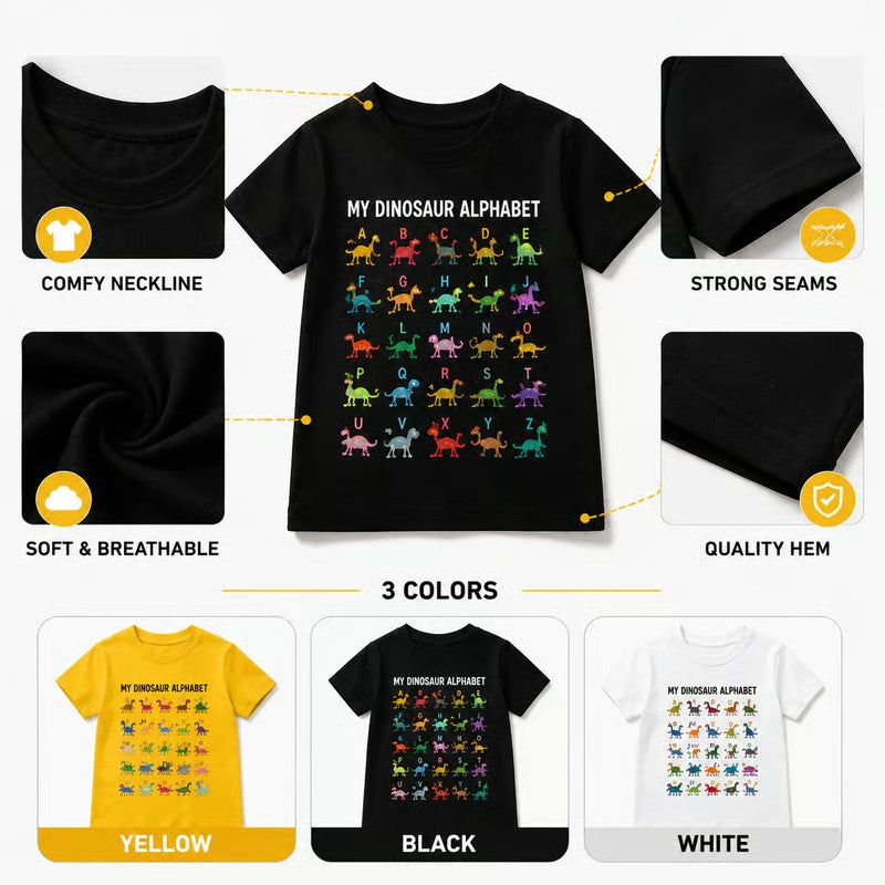👕🦕 Camiseta Infantil con Estampado de Dinosaurios y Alfabeto
