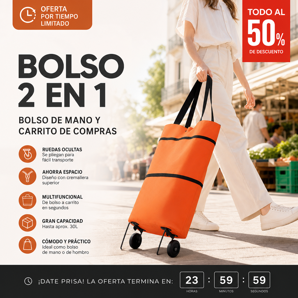 Carro de la compra plegable 2 en 1 – Práctico, ligero y resistente